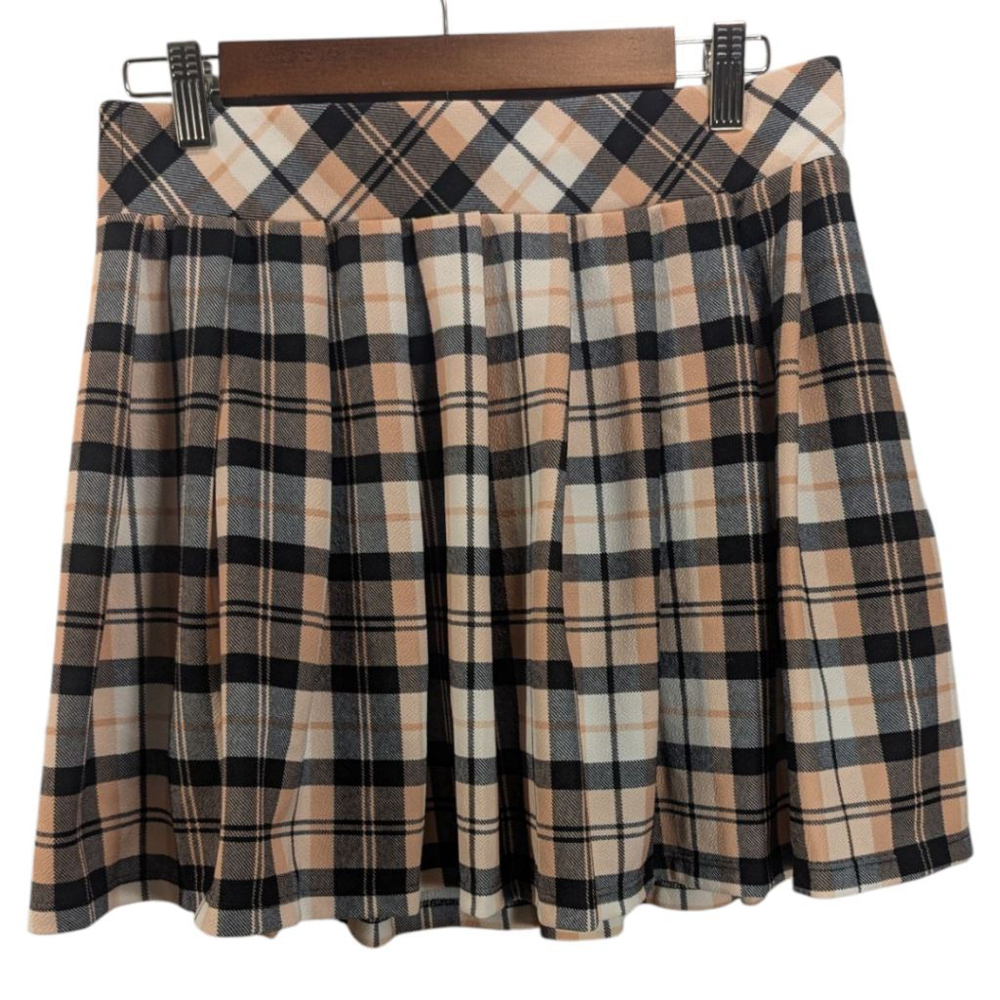 Plaid A-Line Skirt - Black and Tan